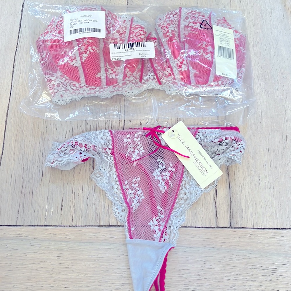 New 2pc Elle Macpherson DENTELLE bra Silver/Hot Pink 36D E72-261 /Thong E16-261.